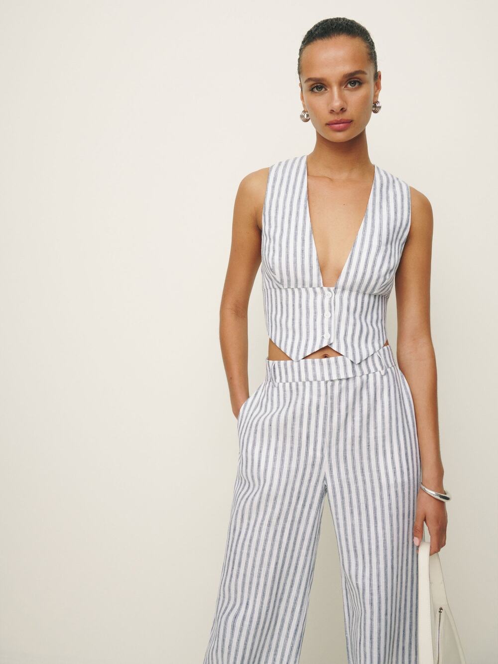 Reformation Sofia Cropped Linen Vest - 4 Antibes Stripe